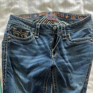 Rock Revival Blue Boot Cut Jeans with Decorative Stitching